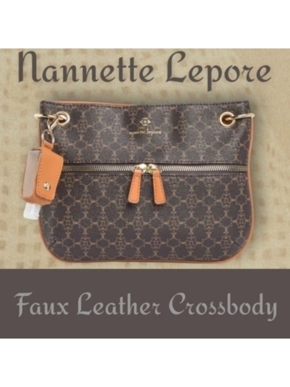 NANETTE LEPORE Repeated Design Brown/Tan Faux Leather Crossbody Bag NWT